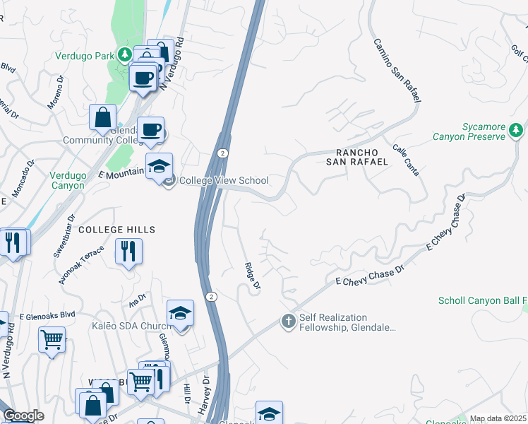 map of restaurants, bars, coffee shops, grocery stores, and more near 962 Calle Amable in Glendale