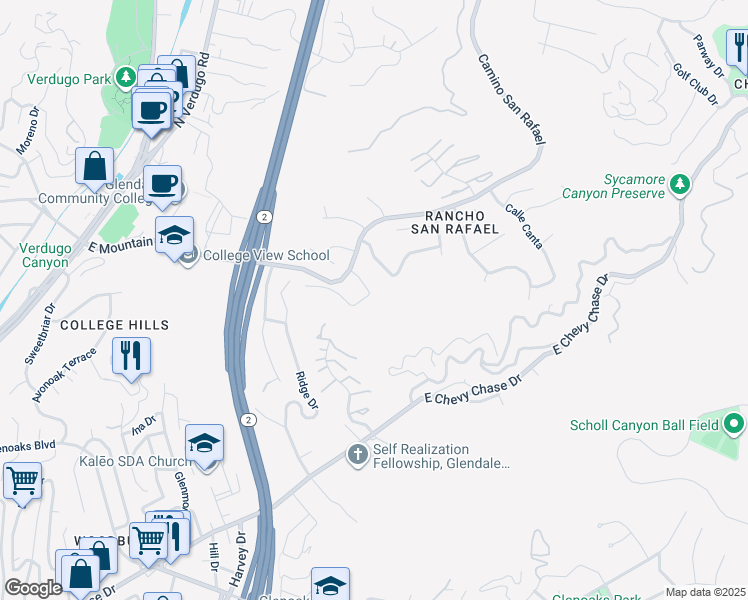 map of restaurants, bars, coffee shops, grocery stores, and more near 962 Calle Amable in Glendale