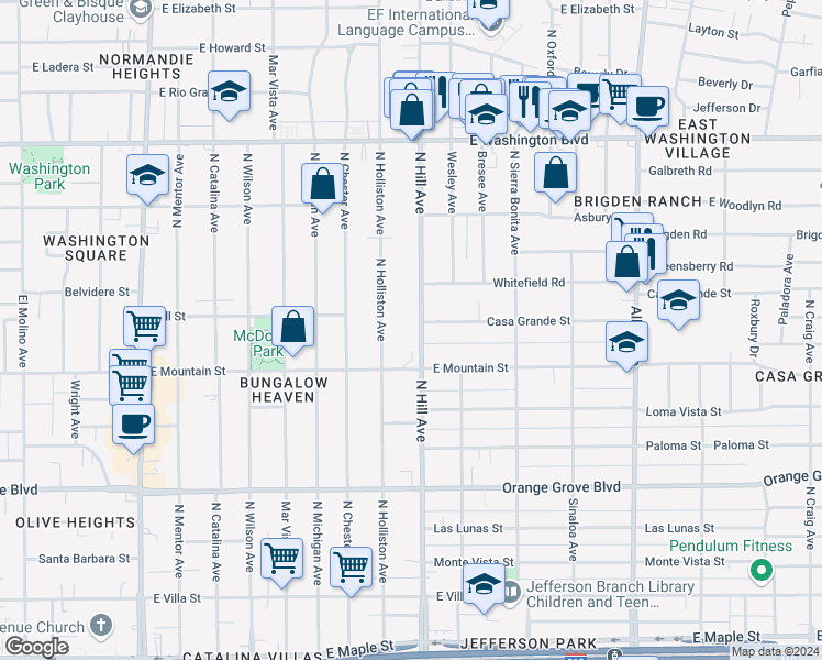 map of restaurants, bars, coffee shops, grocery stores, and more near 977 North Hill Avenue in Pasadena