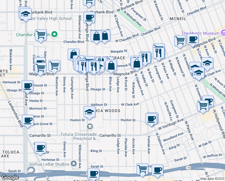 map of restaurants, bars, coffee shops, grocery stores, and more near 5056 Biloxi Avenue in Los Angeles