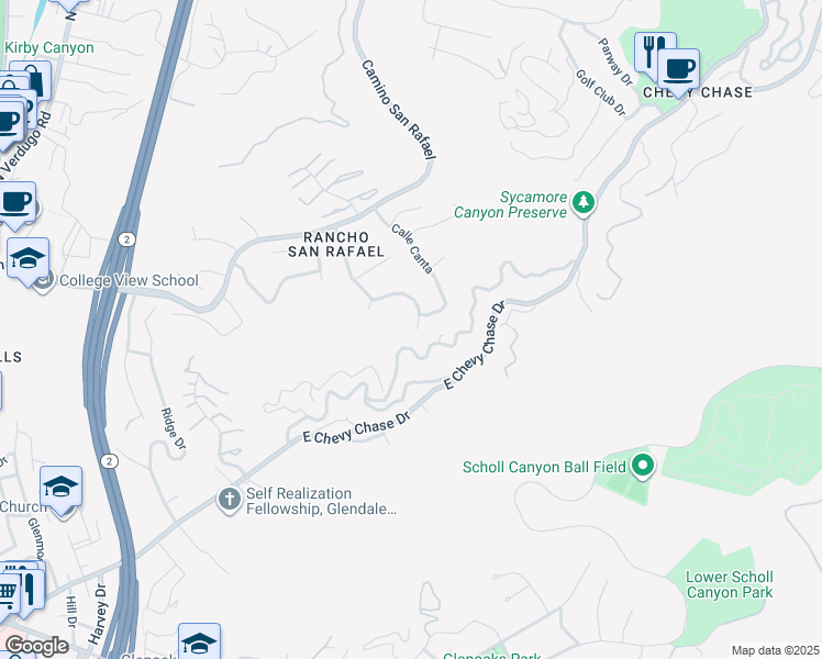 map of restaurants, bars, coffee shops, grocery stores, and more near 833 Calle La Primavera in Glendale