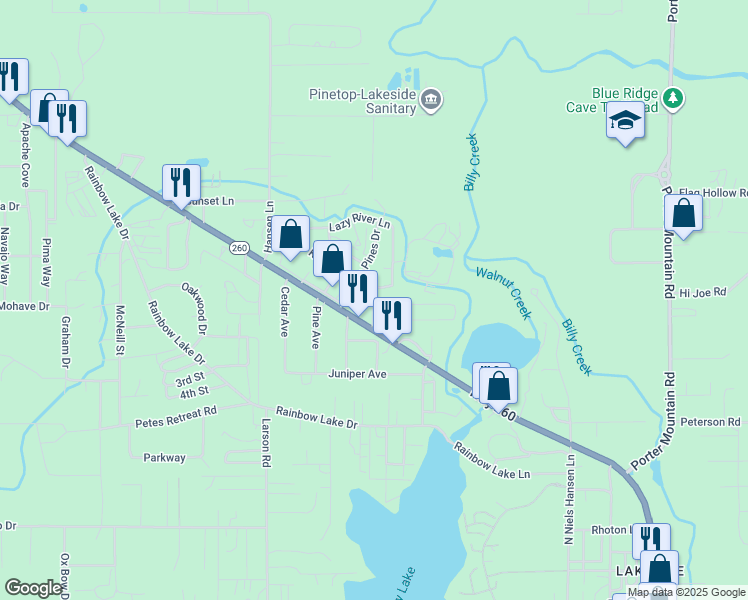 map of restaurants, bars, coffee shops, grocery stores, and more near 2779 Pinon Drive in Navajo County
