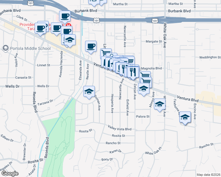 map of restaurants, bars, coffee shops, grocery stores, and more near 5133 Hesperia Avenue in Los Angeles