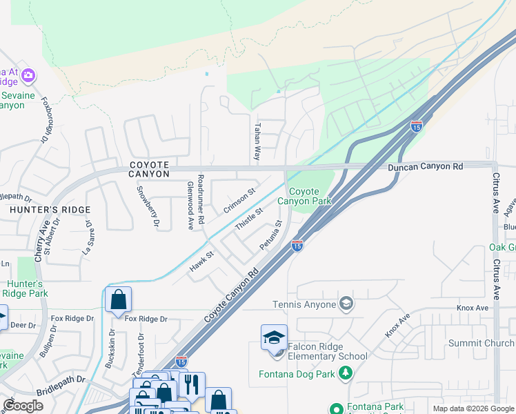 map of restaurants, bars, coffee shops, grocery stores, and more near 15412 Thistle Street in Fontana