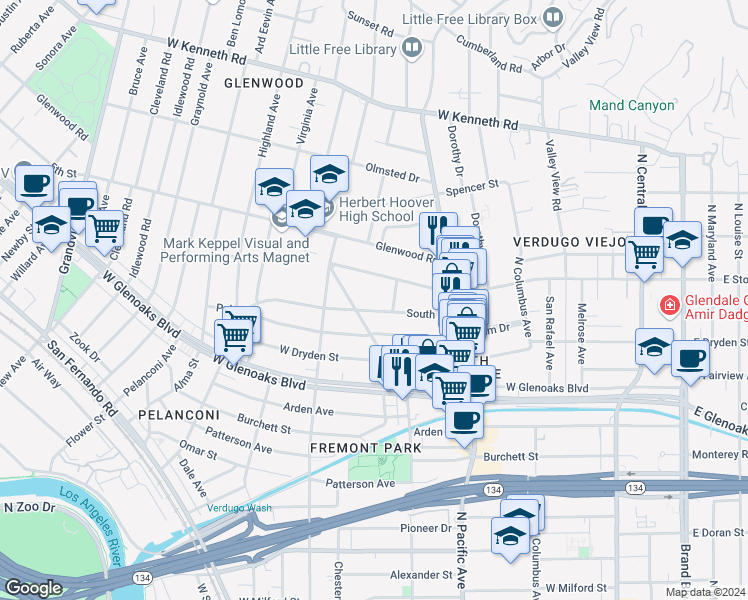 map of restaurants, bars, coffee shops, grocery stores, and more near 587 South Street in Glendale