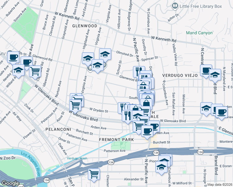 map of restaurants, bars, coffee shops, grocery stores, and more near 596 South Street in Glendale