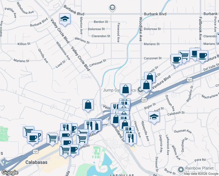 map of restaurants, bars, coffee shops, grocery stores, and more near 5124 Calenda Drive in Los Angeles
