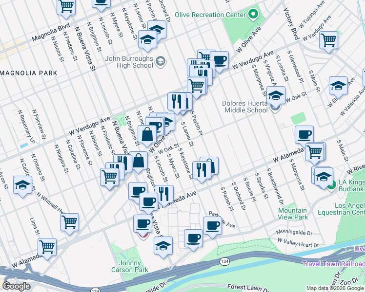 map of restaurants, bars, coffee shops, grocery stores, and more near 2016 West Oak Street in Burbank