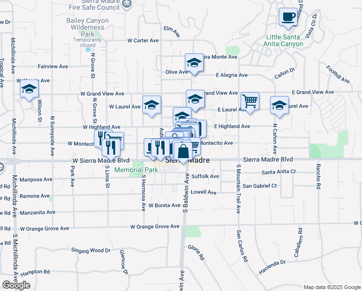map of restaurants, bars, coffee shops, grocery stores, and more near 50 Montecito Court in Sierra Madre