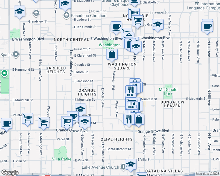 map of restaurants, bars, coffee shops, grocery stores, and more near 991 Palm Terrace in Pasadena