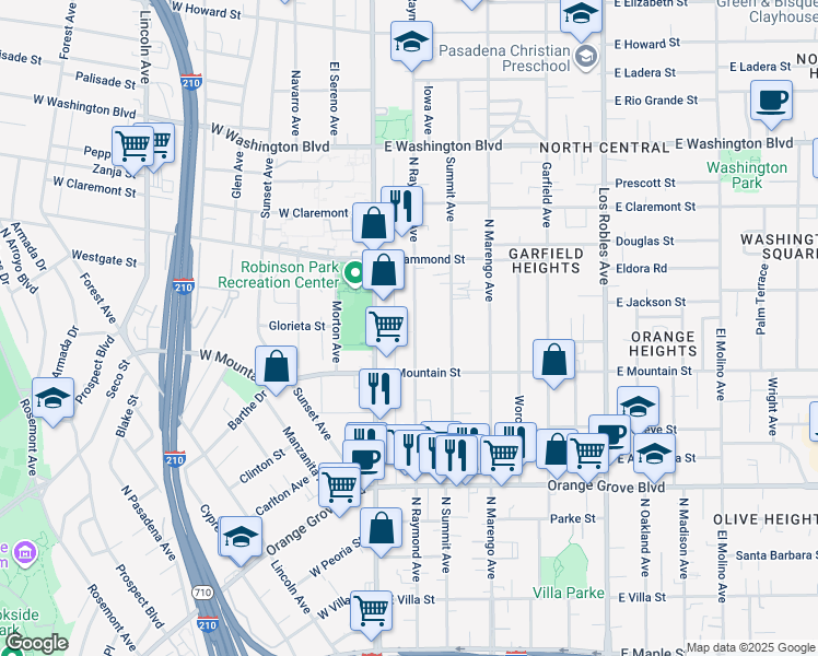 map of restaurants, bars, coffee shops, grocery stores, and more near 1001 North Raymond Avenue in Pasadena