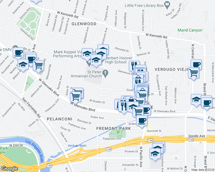 map of restaurants, bars, coffee shops, grocery stores, and more near 1165 North Kenilworth Avenue in Glendale