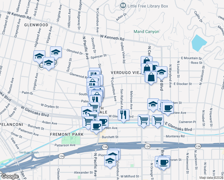 map of restaurants, bars, coffee shops, grocery stores, and more near 1151 North Columbus Avenue in Glendale