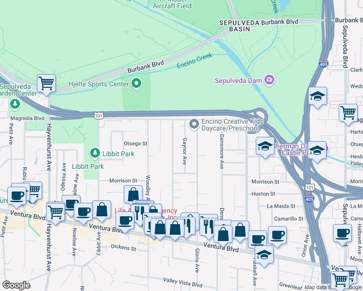 map of restaurants, bars, coffee shops, grocery stores, and more near 5127 Gaynor Avenue in Los Angeles