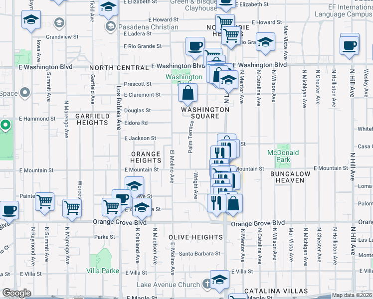 map of restaurants, bars, coffee shops, grocery stores, and more near 991 Palm Terrace in Pasadena