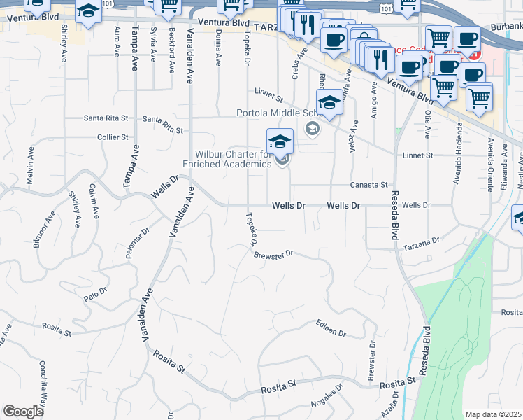 map of restaurants, bars, coffee shops, grocery stores, and more near 18938 Wells Drive in Los Angeles