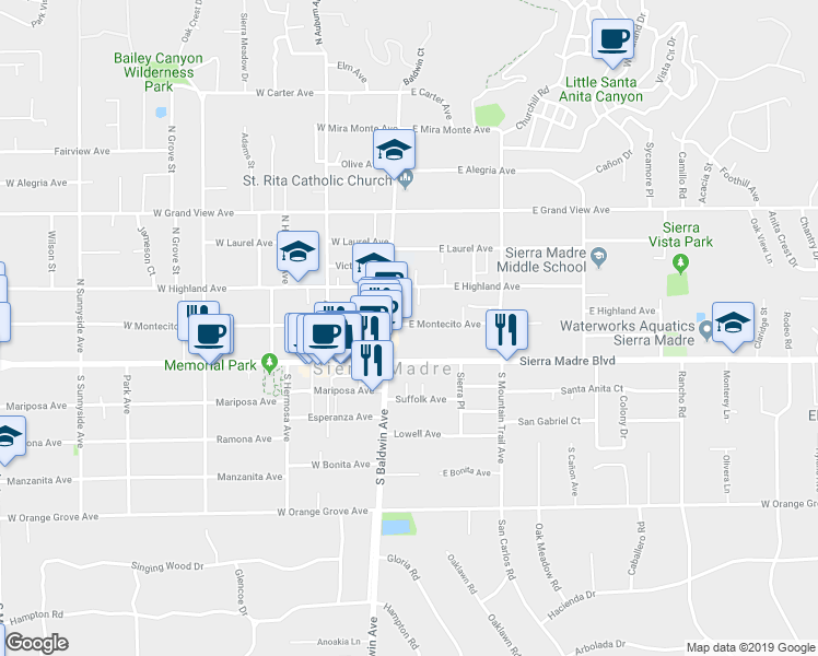 map of restaurants, bars, coffee shops, grocery stores, and more near 38 East Montecito Avenue in Sierra Madre
