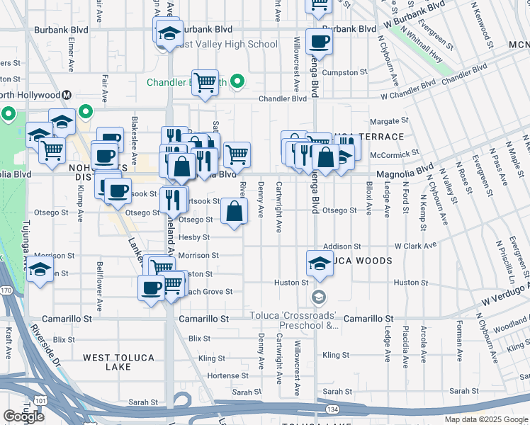 map of restaurants, bars, coffee shops, grocery stores, and more near 5104 Denny Avenue in Los Angeles
