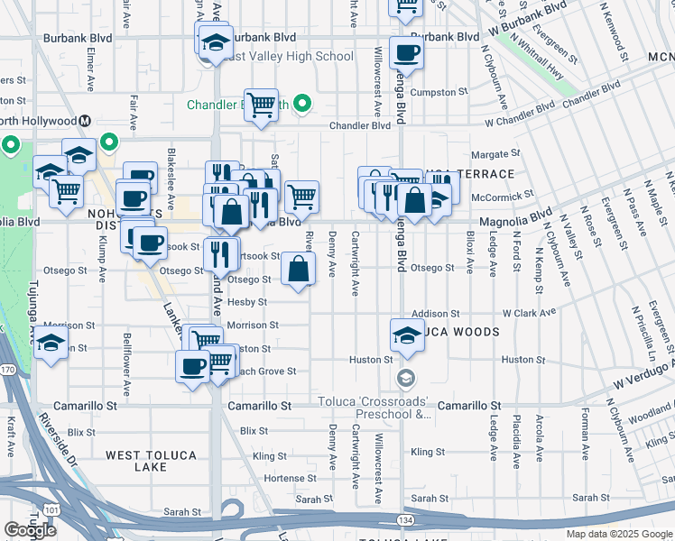 map of restaurants, bars, coffee shops, grocery stores, and more near 5104 Denny Avenue in Los Angeles