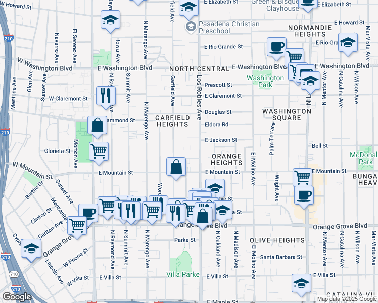 map of restaurants, bars, coffee shops, grocery stores, and more near 359 Adena Street in Pasadena