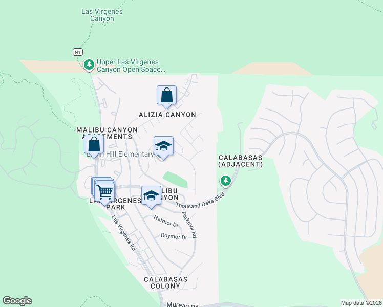 map of restaurants, bars, coffee shops, grocery stores, and more near 26027 Edenpark Drive in Calabasas