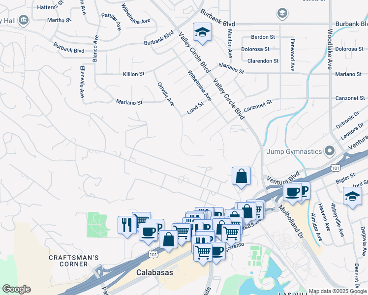 map of restaurants, bars, coffee shops, grocery stores, and more near 5100 Orrville Avenue in Los Angeles
