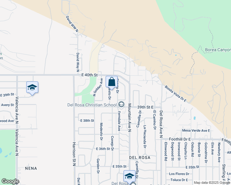 map of restaurants, bars, coffee shops, grocery stores, and more near 3935 Modesto Drive in San Bernardino