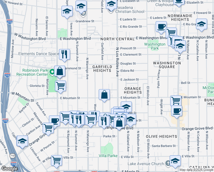 map of restaurants, bars, coffee shops, grocery stores, and more near 359 Adena Street in Pasadena