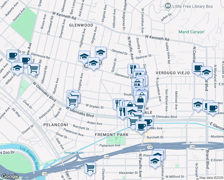 map of restaurants, bars, coffee shops, grocery stores, and more near 596 South Street in Glendale
