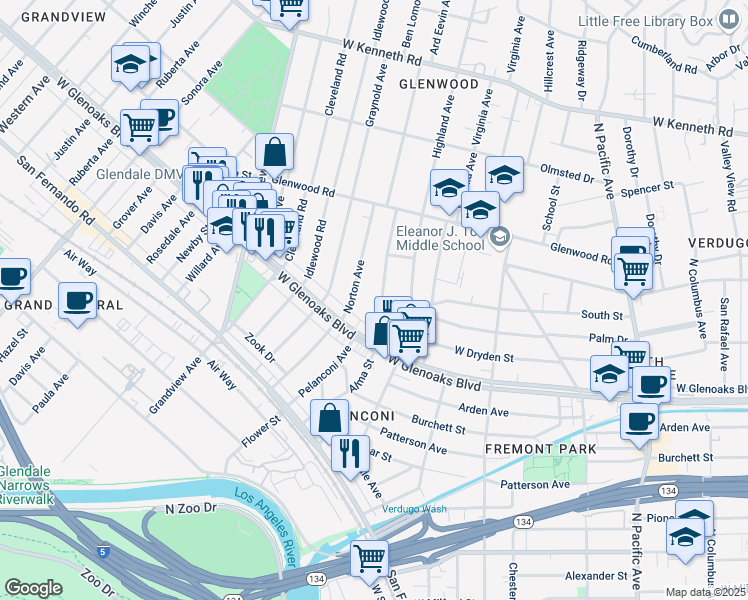 map of restaurants, bars, coffee shops, grocery stores, and more near 1110 Norton Avenue in Glendale