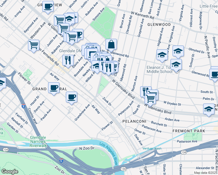 map of restaurants, bars, coffee shops, grocery stores, and more near 838 Cleveland Road in Glendale
