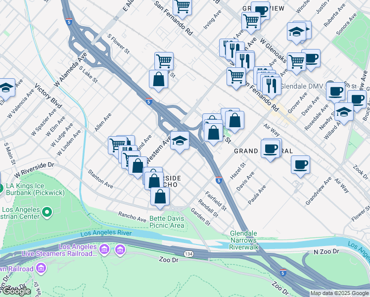 map of restaurants, bars, coffee shops, grocery stores, and more near 1607 Lake Street in Glendale