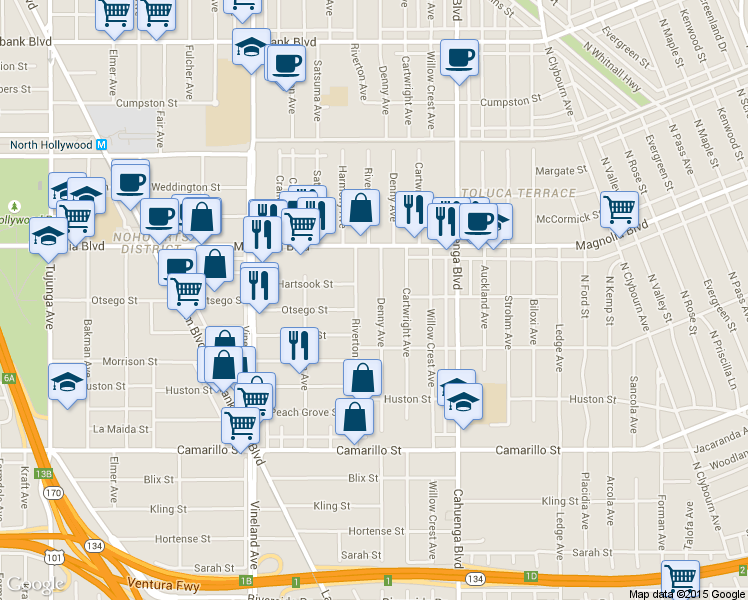map of restaurants, bars, coffee shops, grocery stores, and more near 5043 Denny Avenue in Los Angeles