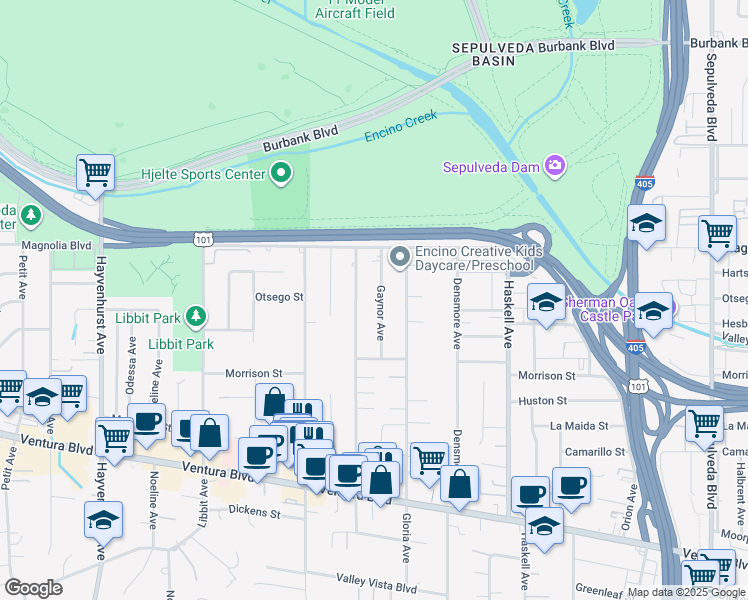 map of restaurants, bars, coffee shops, grocery stores, and more near 5115 Gaynor Avenue in Los Angeles