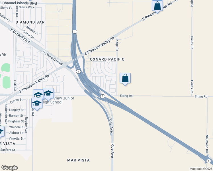 map of restaurants, bars, coffee shops, grocery stores, and more near 102 Fontana Drive in Oxnard