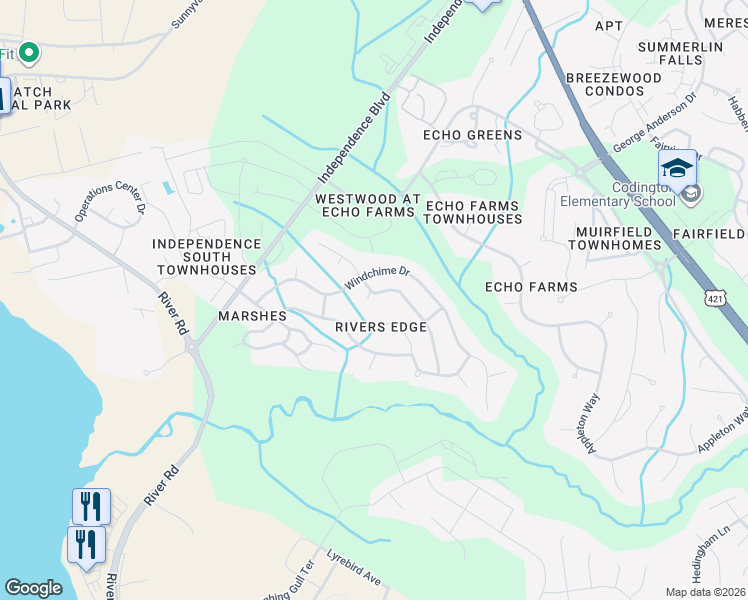 map of restaurants, bars, coffee shops, grocery stores, and more near 200 Waters Point Court in Wilmington