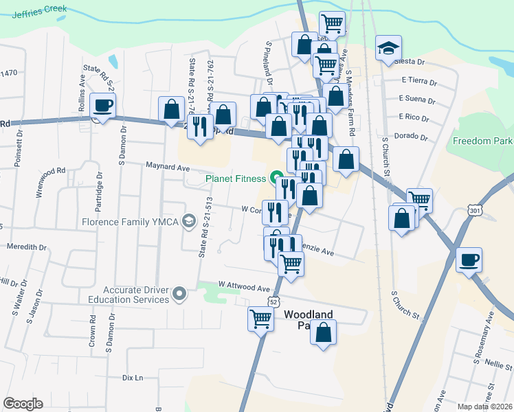 map of restaurants, bars, coffee shops, grocery stores, and more near 2009 West Conyers Avenue in Florence