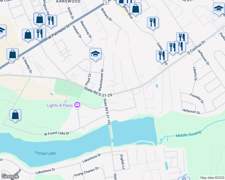map of restaurants, bars, coffee shops, grocery stores, and more near 3138 South Cashua Drive in Florence
