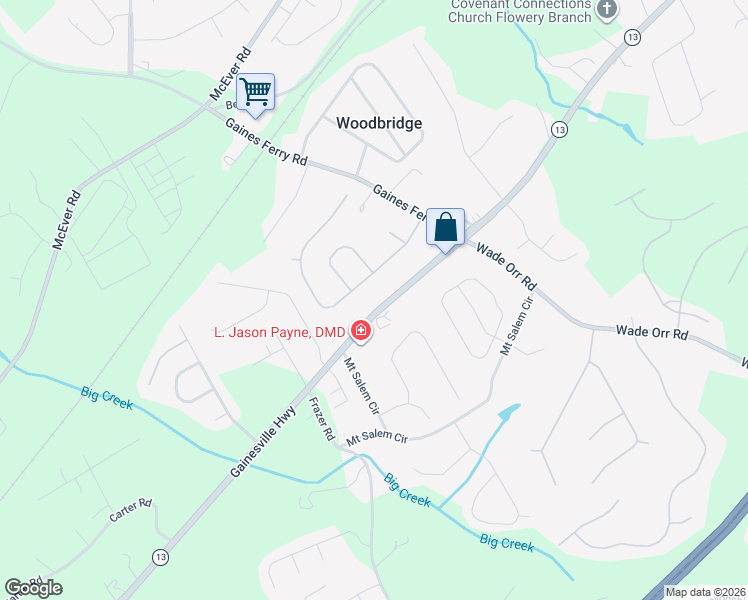 map of restaurants, bars, coffee shops, grocery stores, and more near 6068 Atlanta Highway in Flowery Branch