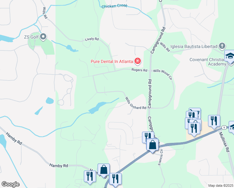 map of restaurants, bars, coffee shops, grocery stores, and more near 5873 Wills Orchard Road in Cumming