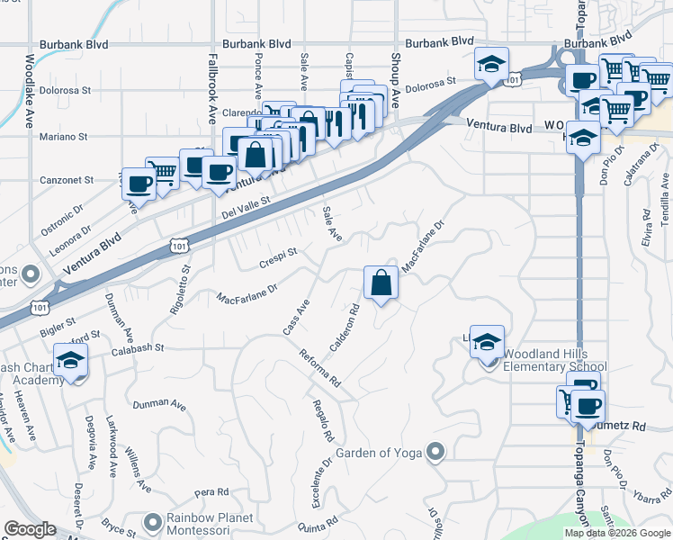 map of restaurants, bars, coffee shops, grocery stores, and more near 22505 Macfarlane Drive in Los Angeles