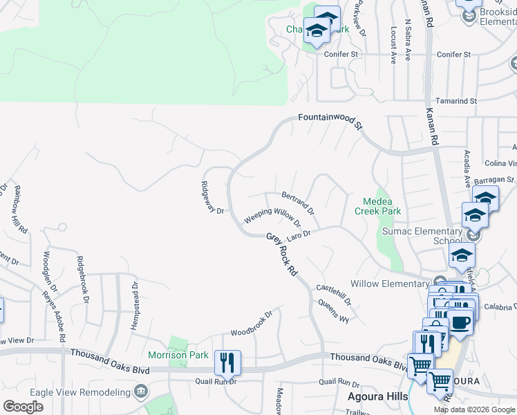 map of restaurants, bars, coffee shops, grocery stores, and more near 29515 Weeping Willow Drive in Agoura Hills