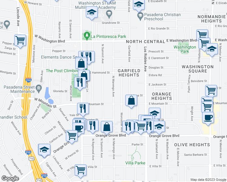 map of restaurants, bars, coffee shops, grocery stores, and more near 1000 North Marengo Avenue in Pasadena