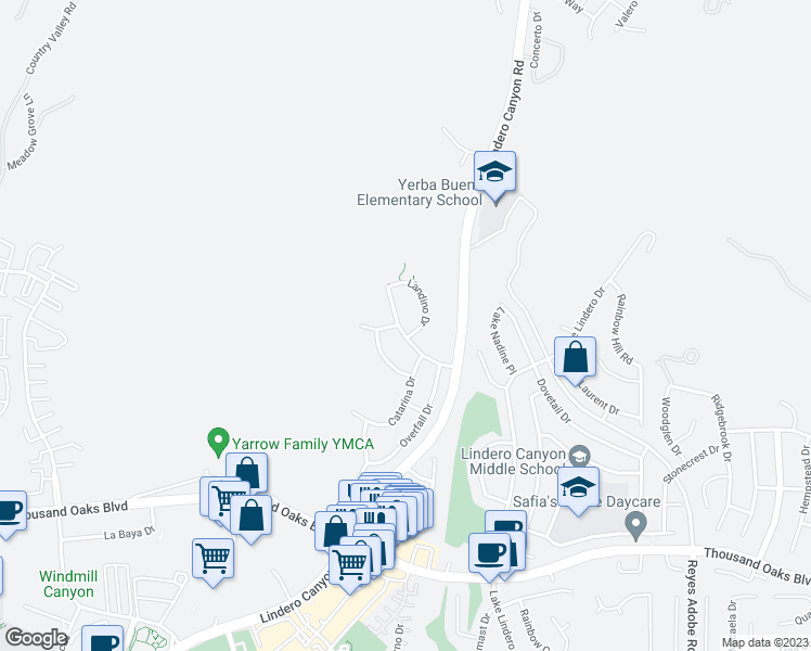 map of restaurants, bars, coffee shops, grocery stores, and more near 6112 Hedgewall Drive in Westlake Village