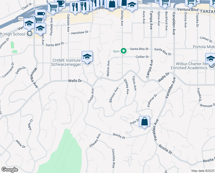 map of restaurants, bars, coffee shops, grocery stores, and more near 19554 Wells Drive in Los Angeles