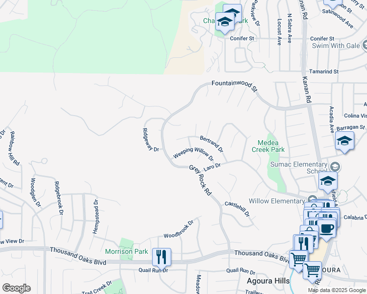 map of restaurants, bars, coffee shops, grocery stores, and more near 29515 Weeping Willow Drive in Agoura Hills