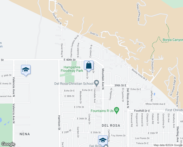 map of restaurants, bars, coffee shops, grocery stores, and more near 3935 Modesto Drive in San Bernardino