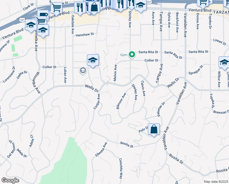 map of restaurants, bars, coffee shops, grocery stores, and more near 19554 Wells Drive in Los Angeles