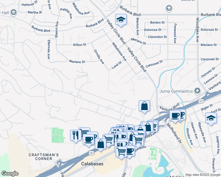 map of restaurants, bars, coffee shops, grocery stores, and more near 5100 Orrville Avenue in Los Angeles