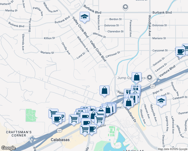 map of restaurants, bars, coffee shops, grocery stores, and more near 5101 Boda Place in Los Angeles